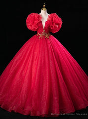 Red Tulle Sequins Beading Pearls Quinceanera Dress