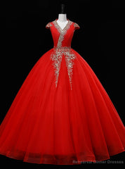 Red Tulle V-neck Cap Sleeve Sequins Beading Quinceanera Dress