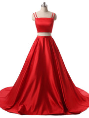 Red Two Pieces Satin Long Prom Dress, Red Satin Formal Evening Dress