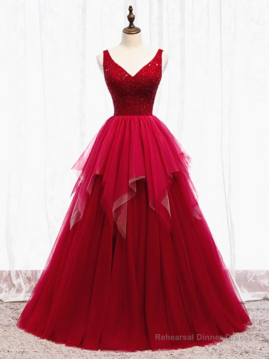 Red V Neck Long Prom Dresses with Corset Back, Red Floor Length Prom Gown, Evening Dresses