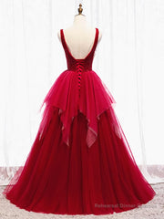 Red V Neck Long Prom Dresses with Corset Back, Red Floor Length Prom Gown, Evening Dresses