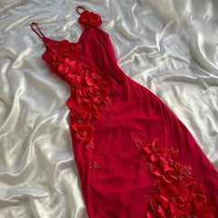 Red V-Neck Prom Dress Long Formal Dress With Flowers