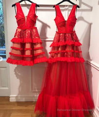 Red v neck tulle long prom dress, red tulle evening dress