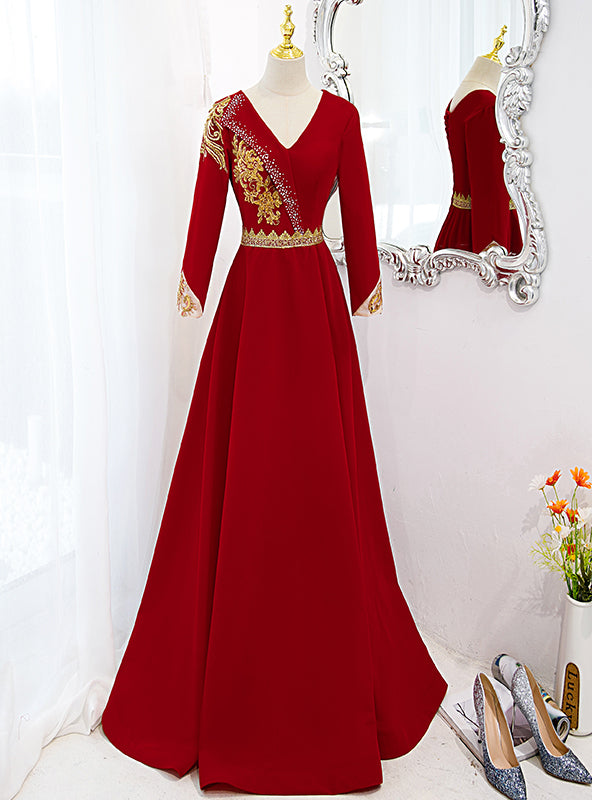 Red Velvet V-neck Long Sleeve Gold Beading Prom Dress