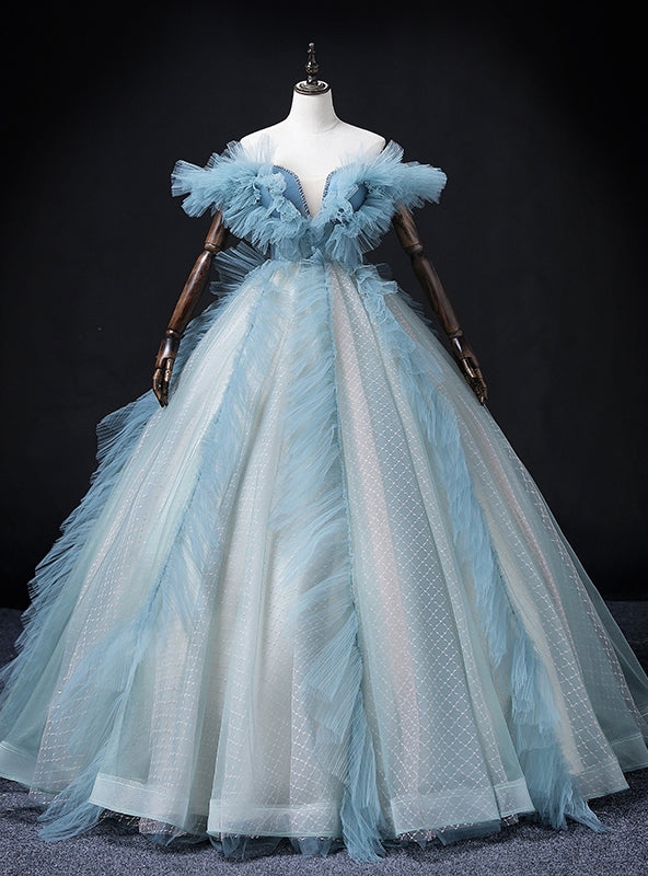 Romance Blue Tulle Off the Shoulder Beading Quinceanera Dress