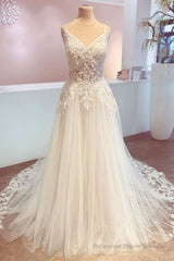 Romantic Long A-Line Spaghetti Straps Appliques Lace Backless Wedding Dress