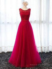 Round Neck Burgundy Beaded Prom Dresses, Wine Red Beaded Formal Evening Bridesmaid Dresses