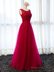 Round Neck Burgundy Beaded Prom Dresses, Wine Red Beaded Formal Evening Bridesmaid Dresses