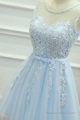 Round Neck Short Blue Lace Prom Dresses, Short Blue Lace Homecoming Graduation Dresses