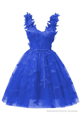 Royal Blue 3D Butterfly Lace Applique Tulle Homecoming Dress for Teens Sweetheart Mini Short Prom Dresses