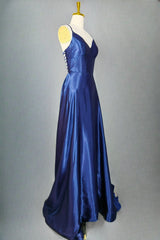 Royal Blue A-line V Neck Prom Dresses Spaghetti Straps Long/Floor-Length Charmeuse Fromal Dresses With Pleated