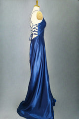 Royal Blue A-line V Neck Prom Dresses Spaghetti Straps Long/Floor-Length Charmeuse Fromal Dresses With Pleated