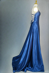 Royal Blue A-line V Neck Prom Dresses Spaghetti Straps Long/Floor-Length Charmeuse Fromal Dresses With Pleated