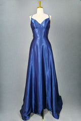 Royal Blue A-line V Neck Prom Dresses Spaghetti Straps Long/Floor-Length Charmeuse Fromal Dresses With Pleated