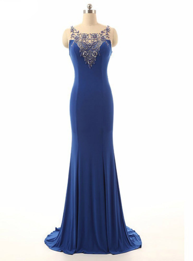 Royal Blue Beading Sheer Neck Mermaid Illusion Dress