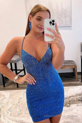 Royal Blue Halter Beaded Tight Short Homecoming Dress