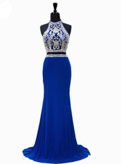 Royal Blue Mermaid High Neck Beaded Crystals Floor Length Prom Dress