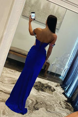 Royal Blue Off the Shoulder Beaded Long Prom Dresses with Appliques