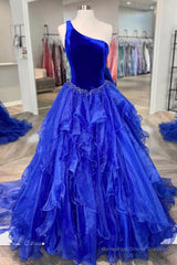 Royal Blue Prom Dress A Line One Shoulder Long Party Evening Dress with Beading