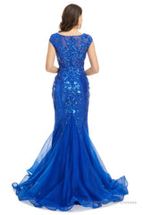 Royal Blue Sequined Tulle Mermaid Cap Sleeve Scoop Neck Formal Gowns