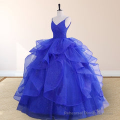 Royal Blue Spaghetti Strap Quinceanera Dresses V-neck with Ruffles