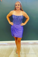 Royal Blue Strapless Beaded Tight Homecoming Dress