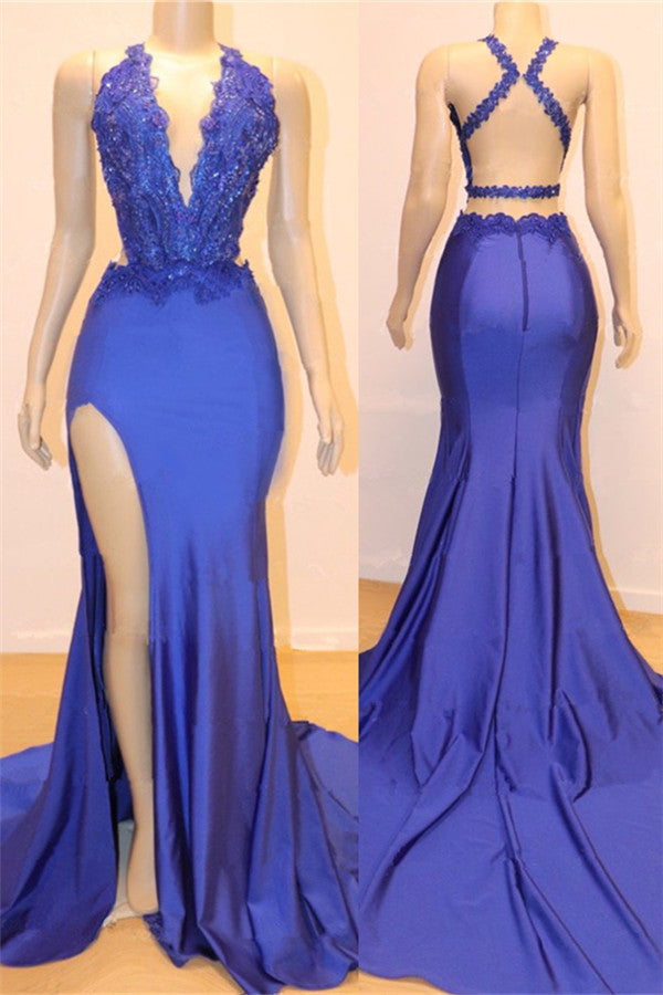 Royal Blue V-neck Open back Side Slit Mermaid Beads Lace Prom Dresses