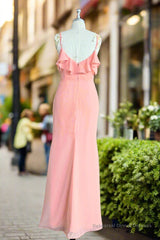 Ruffle V-neck Flutter Sleeves Mermaid Chiffon Coral Pink Bridesmaid Dress