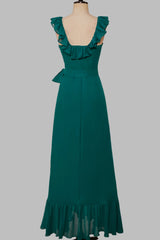 Ruffled Crew Neck Emerald Chiffon Midi Bridesmaid Dress