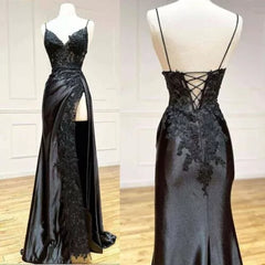 Sexy Spaghetti ShoulderStrap Prom Dresses Applique Side Split Party Evening gown