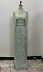 Sage Green Beading Prom Dresses Sweep Train High Neck Zipper Sleeveless Evening Dresses