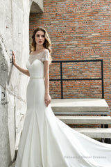 Satin Beaded Boat Neck Cap Sleeve Mermaid Wedding Dresses