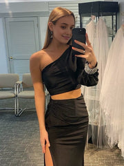 Satin Mermaid One Shoulder Two Pieces Set Black Long Prom Dress