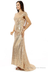 Scoop Backless Floor-length Sparkle Sequins Champagne Prom Dresses