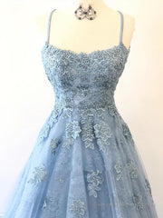 Scoop Neck Light Blue Backless Lace Prom Dresses, Scoop Neck Blue Lace Formal Evening Dresses