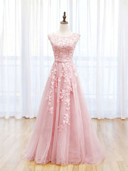 Scoop Neckline Tulle Pink Long Prom Dress, Pink Backless Evening Dresses