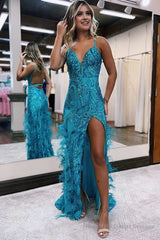 Sequin Lace V Neck Mermaid Prom Dresses with Slit