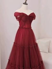 Sexy A Line Off The Shoulder Burgundy Tulle Floor Length Evening Dress Prom Dresses