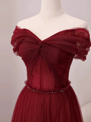 Sexy A Line Off The Shoulder Burgundy Tulle Floor Length Evening Dress Prom Dresses