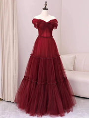 Sexy A Line Off The Shoulder Burgundy Tulle Floor Length Evening Dress Prom Dresses