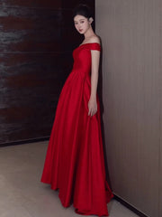 Sexy A Line Off The Shoulder Satin Red Floor Length Evening Dress Prom Dresses