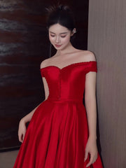 Sexy A Line Off The Shoulder Satin Red Floor Length Evening Dress Prom Dresses