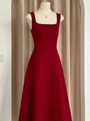 Sexy A Line Square Neckline Red Satin Ankle Length Evening Dress Prom Dresses