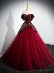 Sexy Burgundy Tulle Sequins Strapless Prom Dress