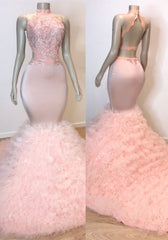 Sexy Chiffon High Collar Mermaid Prom Dress Sequins Pink Long