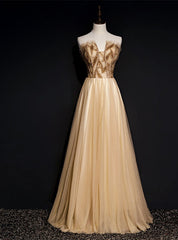 Sexy Gold Tulle Strapless Beading Prom Dress