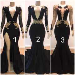 Sexy Long Sleeves Black Mermaid Prom Dress Sequins Long Deep V-neck With Split