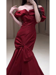 Sexy Mermaid Off The Shoulder Burgundy Satin Floor Length Evening Dress Prom Dresses