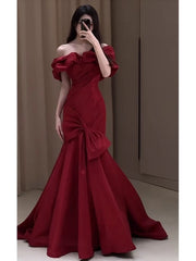 Sexy Mermaid Off The Shoulder Burgundy Satin Floor Length Evening Dress Prom Dresses