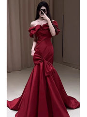 Sexy Mermaid Off The Shoulder Burgundy Satin Floor Length Evening Dress Prom Dresses